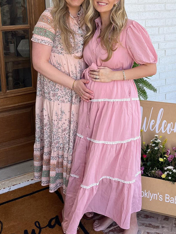 Momsmood Pink Lace-up Buttons Ruched Puff Sleeve Daily Going out Baby Shower Maternity Photoshoot Maxi Dress