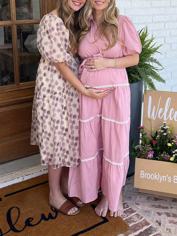 Momsmood Pink Lace-up Buttons Ruched Puff Sleeve Daily Going out Baby Shower Maternity Photoshoot Maxi Dress