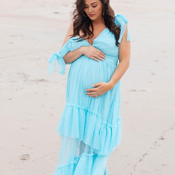 Lake Blue Lace-up Falbala Grenadine Maternity Photoshoot Maxi Dress