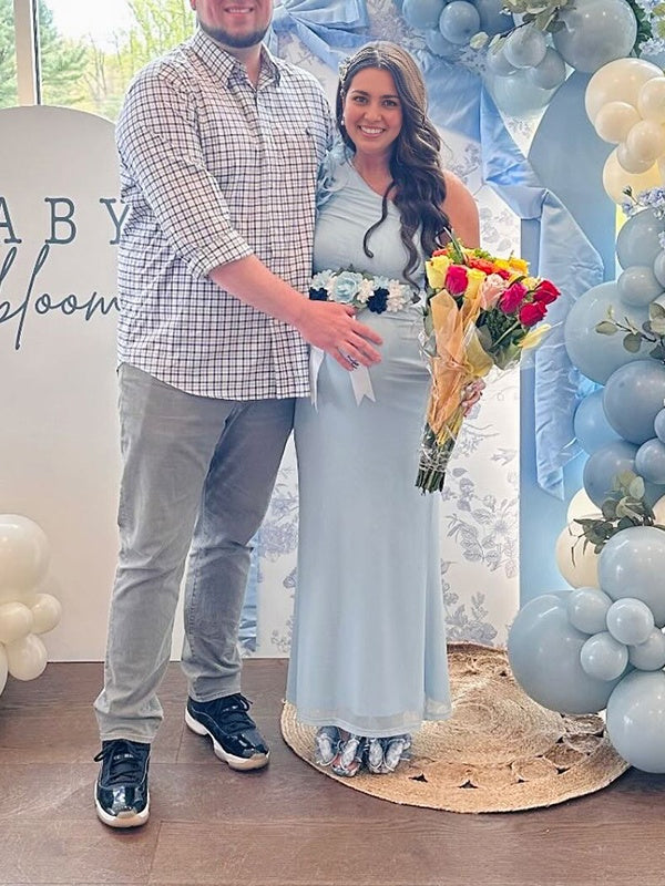 Blue Oblique Shoulder Flower Baby Shower Maternity Maxi Dress