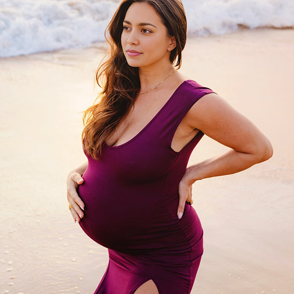 Wine Red Slit V Neck Maternity Photoshoot Maxi Dress
