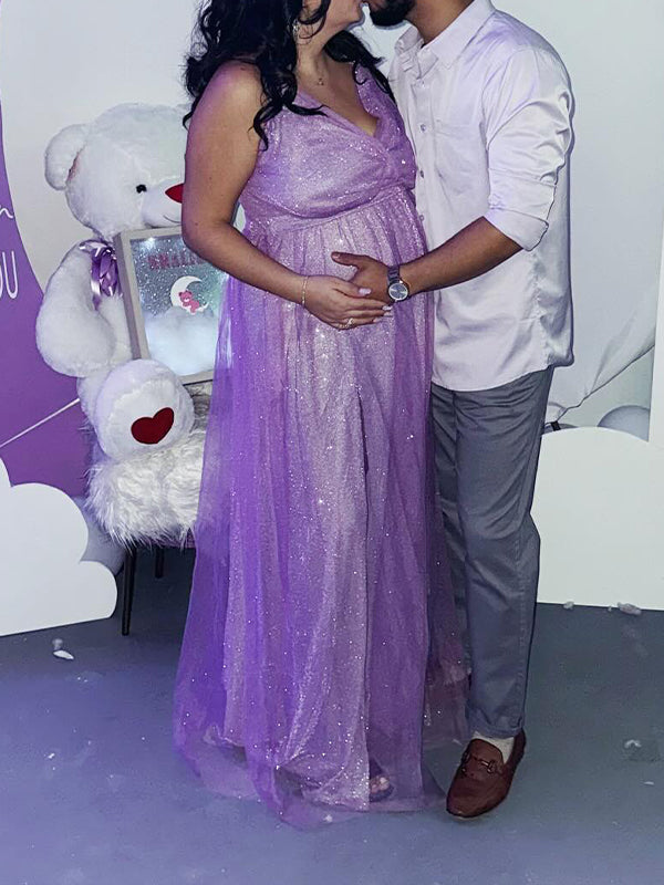 Purple Glitter Grenadine Baby Shower Maternity Maxi Dress