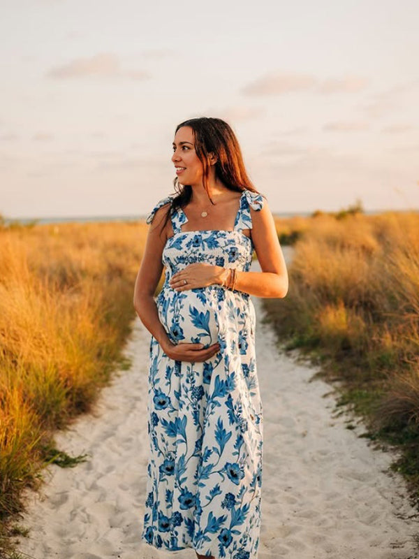 Light Blue Lace-up Stamp Duty Maternity Photoshoot Maxi Dress
