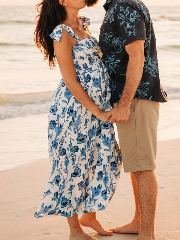 Light Blue Lace-up Stamp Duty Maternity Photoshoot Maxi Dress