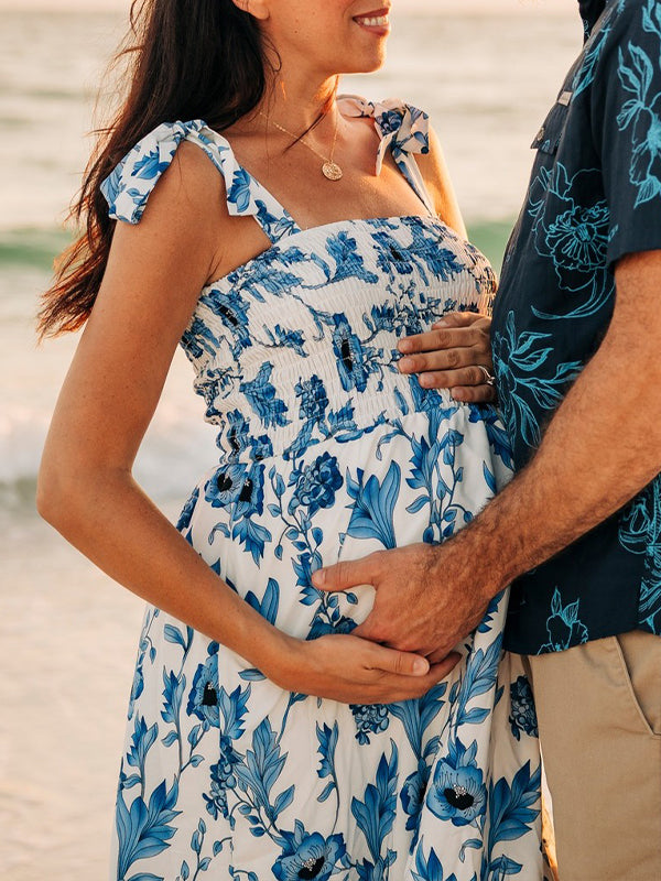 Light Blue Lace-up Stamp Duty Maternity Photoshoot Maxi Dress