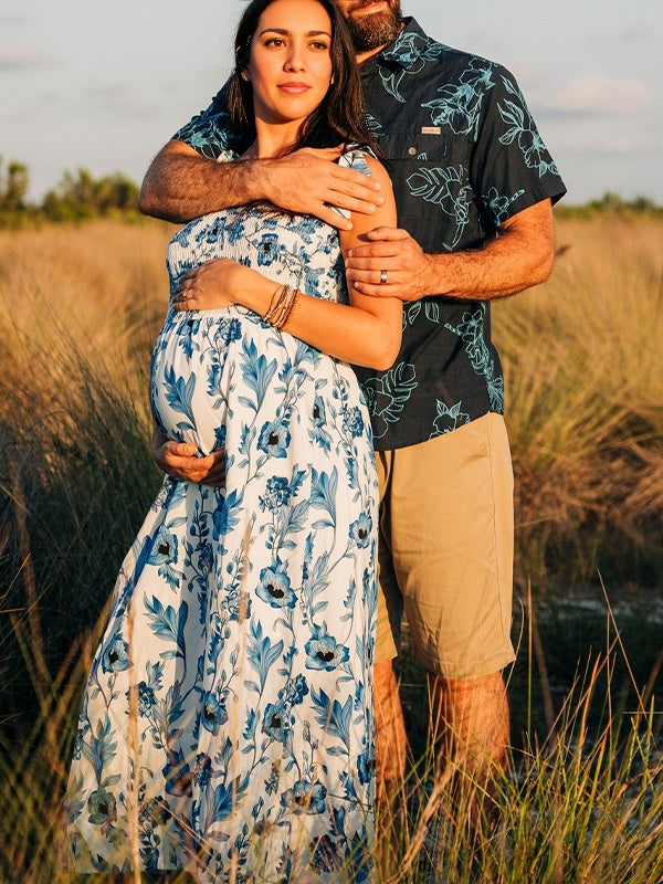 Light Blue Lace-up Stamp Duty Maternity Photoshoot Maxi Dress