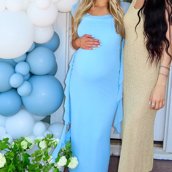 Blue Pennant Open Back Maternity Baby Shower Maxi Dress