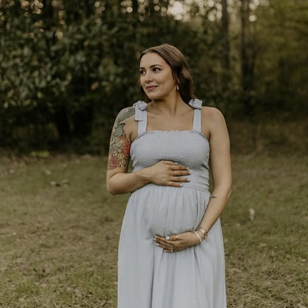 Light Blue Smoked lace-up Falbala Maternity Photoshoot Maxi Dress