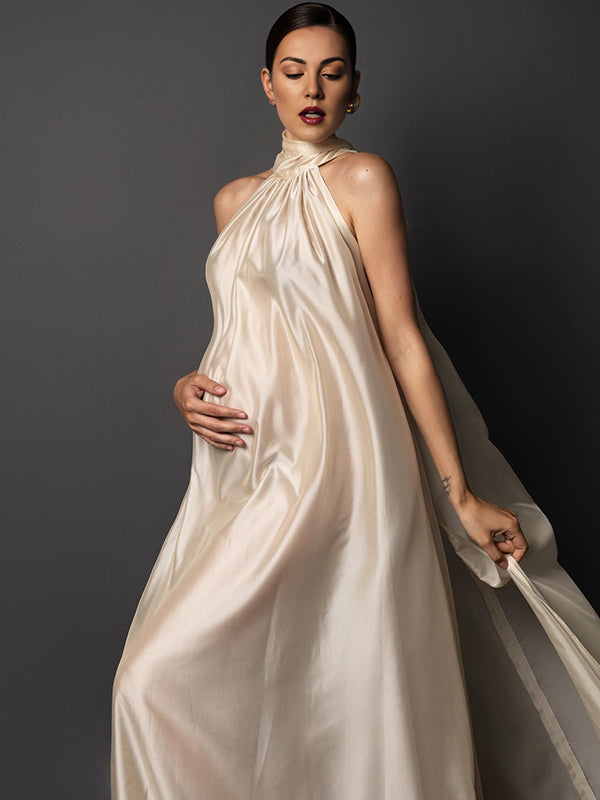 Champagne Halter Neck Side Slit Maternity Photoshoot Maxi Dress