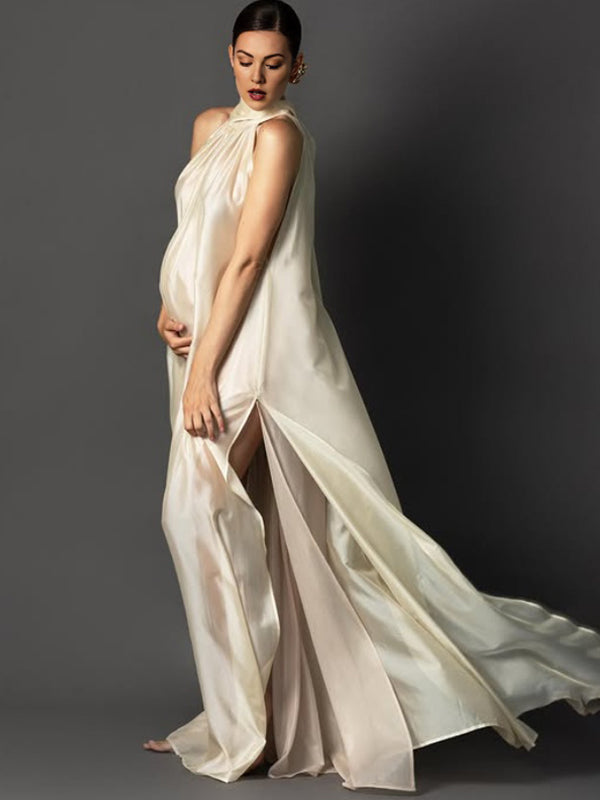 Champagne Halter Neck Side Slit Maternity Photoshoot Maxi Dress