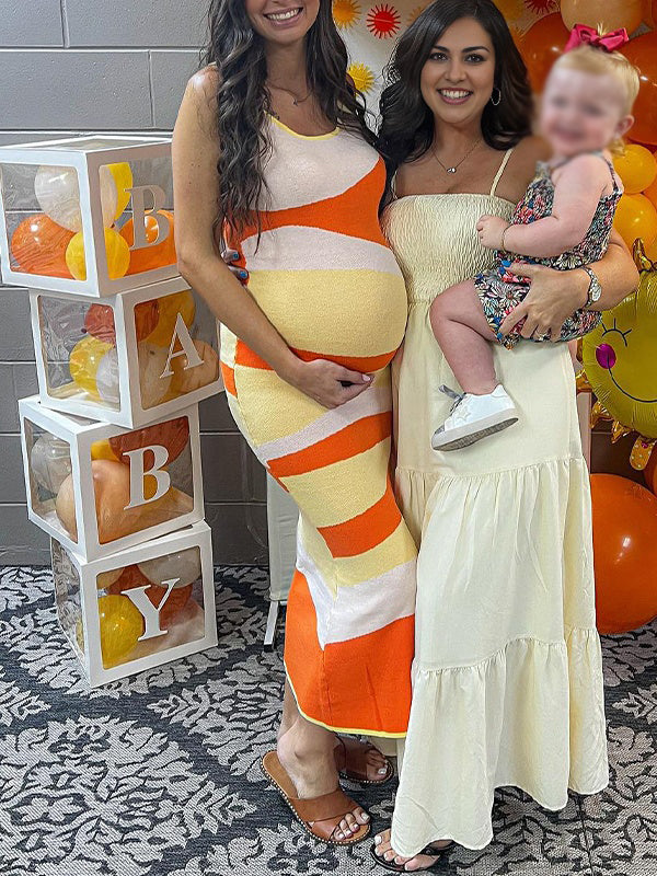 Orange Spaghetti Strap Striped Maternity Baby Shower Maxi Dress