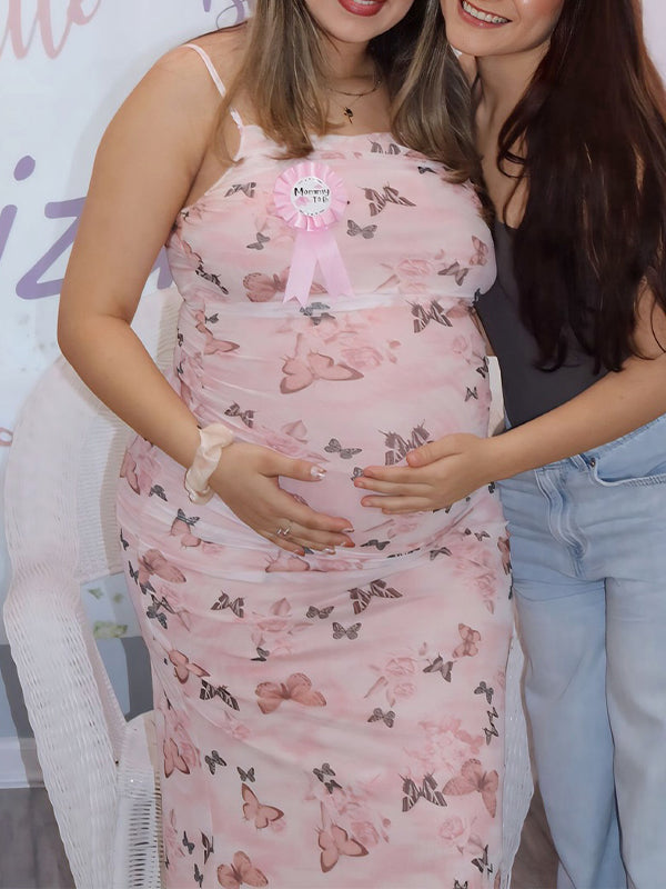 Pink Spaghetti Strap Stamp Duty Maternity Baby Shower Maxi Dress