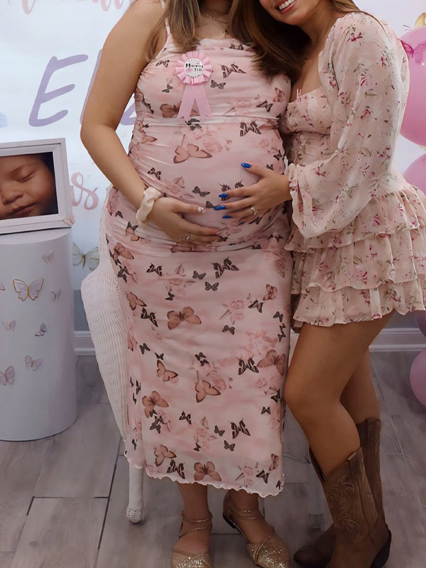 Pink Spaghetti Strap Stamp Duty Maternity Baby Shower Maxi Dress