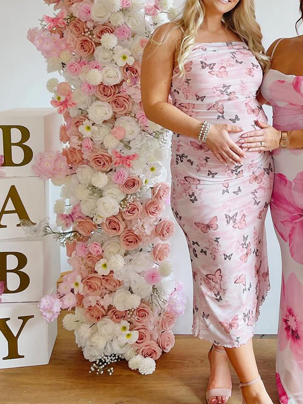 Pink Spaghetti Strap Stamp Duty Maternity Baby Shower Maxi Dress