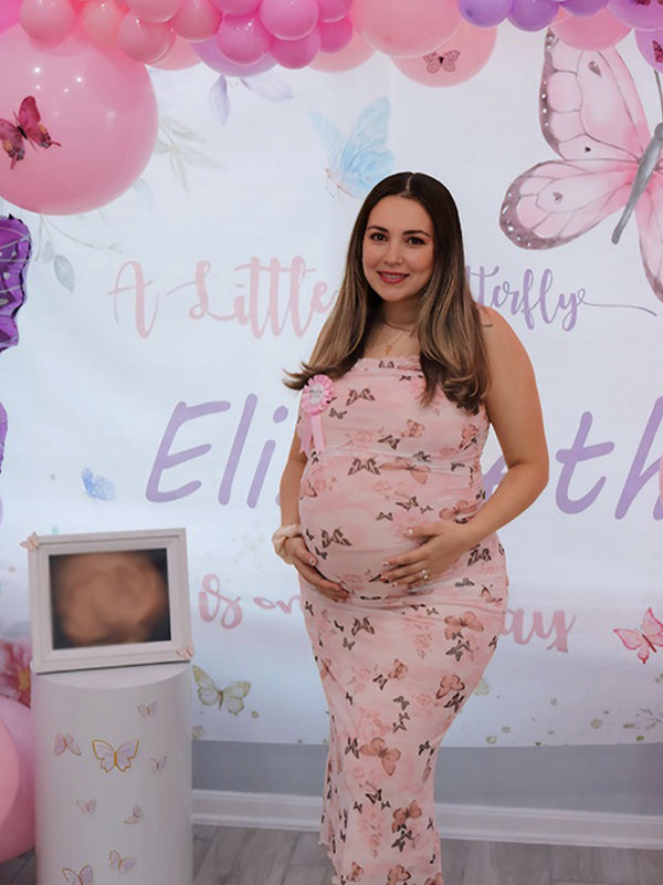 Pink Spaghetti Strap Stamp Duty Maternity Baby Shower Maxi Dress