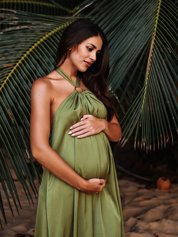 Green Halter Neck Sleeveless Maternity Photoshoot Maxi Dress