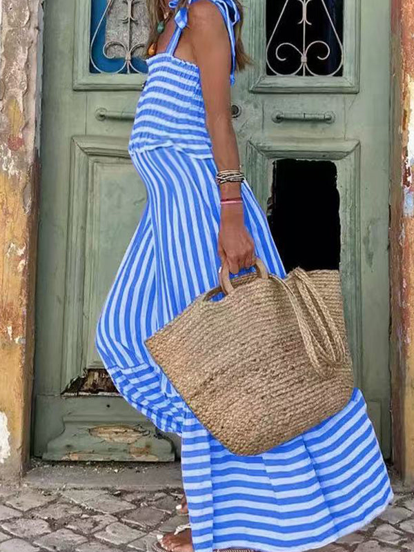 Smoked lace-up Striped Maternity Baby Shower Maxi Dress