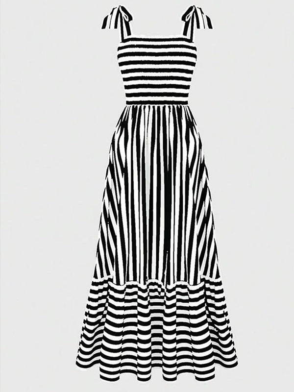 Smoked lace-up Striped Maternity Baby Shower Maxi Dress