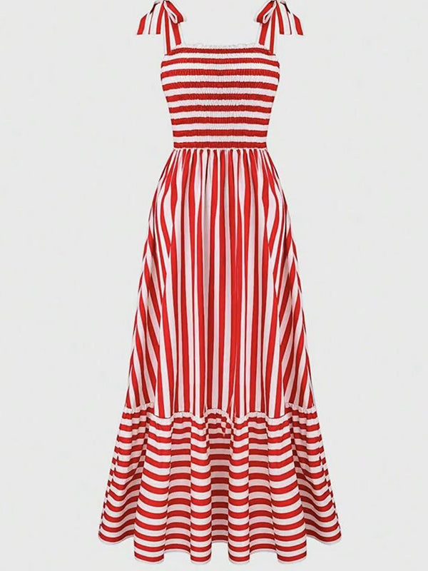 Smoked lace-up Striped Maternity Baby Shower Maxi Dress