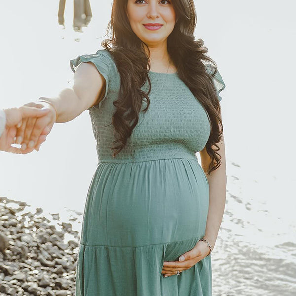 Round Neck Smoked Small Flightless Sleeve Maternity Photoshoot Maxi Dress