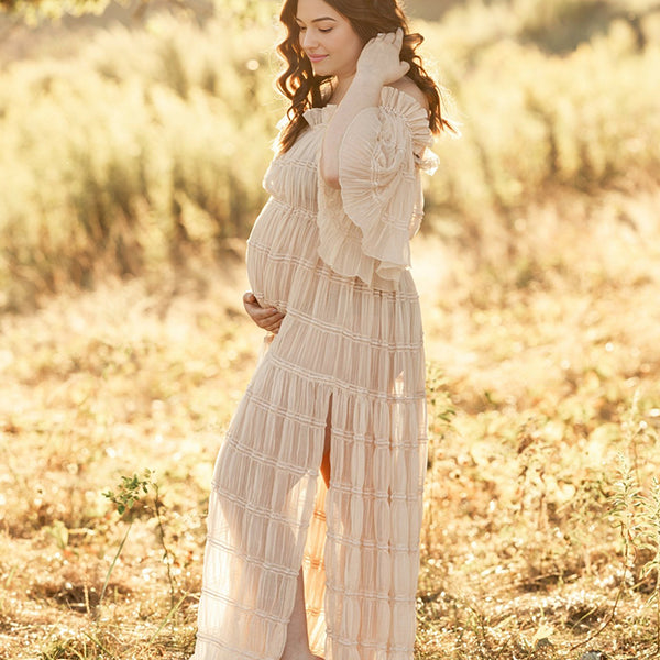 Beige Off Shoulder Ruched Ruffle Slit Photoshoot Maternity Maxi Dress