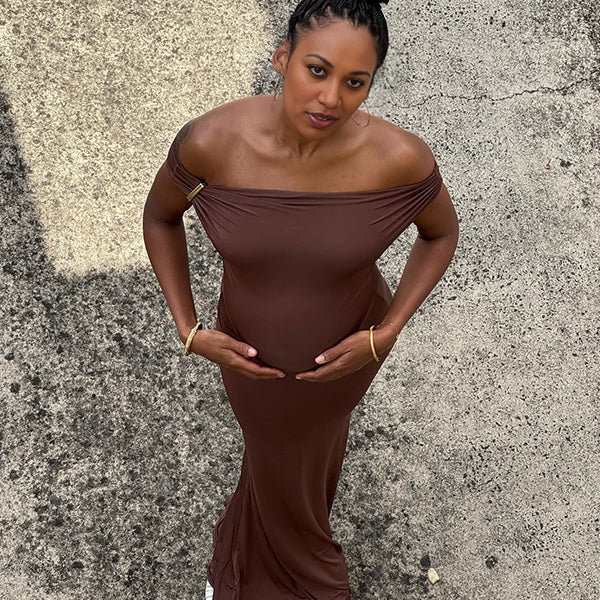Maroon Off Shoulder Buckle Mermaid Party Maternity Maxi Dress