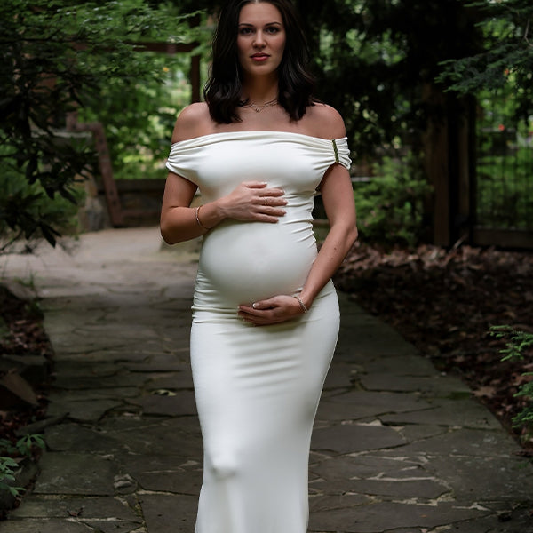 White Off Shoulder Buckle Mermaid Photoshoot Maternity Maxi Dress