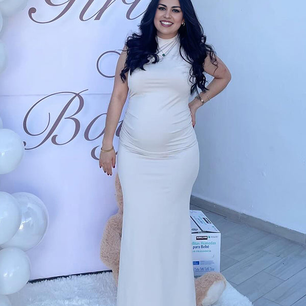 High Neck Ruched Maternity Baby Shower Maxi Dress