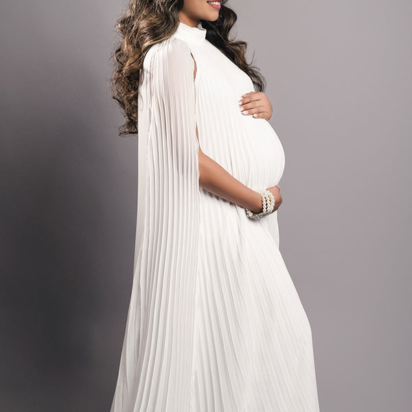 High Neck Pleat Shawls Maternity Photoshoot Maxi Dress