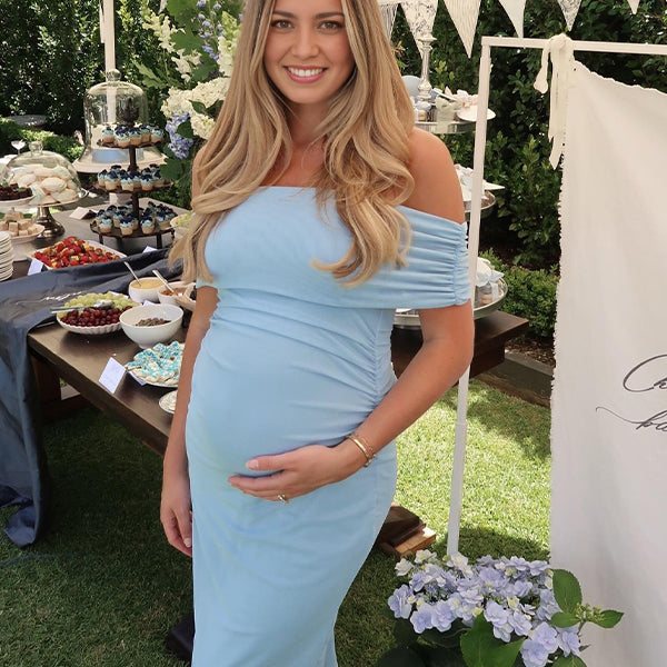 Blue Off Shoulder Ruched Backless Maternity Baby Shower Maxi Dress