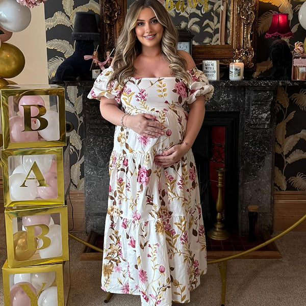 Square Neck Smoked Stamp Duty Maternity Baby Shower Maxi Dress