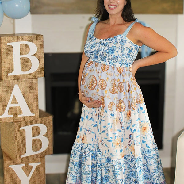 Light Blue Floral Smocked Ruffle Bow Baby Boy Shower Maternity Maxi Dress