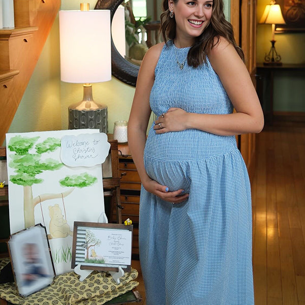 Blue Plaid Smocked Flowy Baby Boy Shower Maternity Maxi Dress