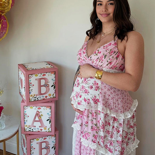 Pink Lace Floral Ruffle Baby Girl Shower Maternity Maxi Dress
