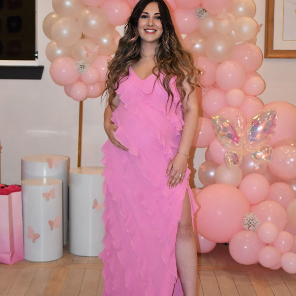 Rose Pink Ruffle Side Slit Baby Shower Maternity Maxi Dress