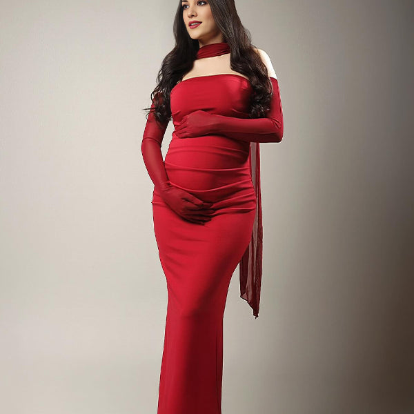 Ruched Wrap Mesh Gloves Back Slit Photoshoot Maternity Maxi Dress