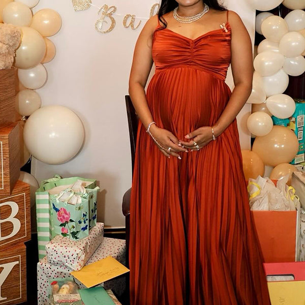 V Neck Pleated Spaghetti Strap Maternity Baby Shower Maxi Dress