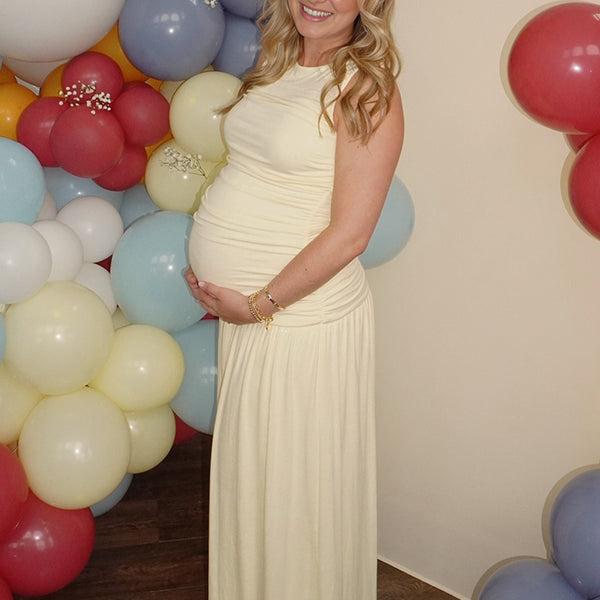 Beige Round Neck Ruched Maternity Baby Shower Maxi Dress