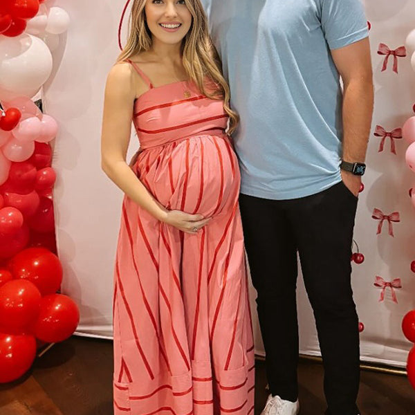 Watermelon Red Spaghetti Strap Striped Maternity Baby Shower Maxi Dress