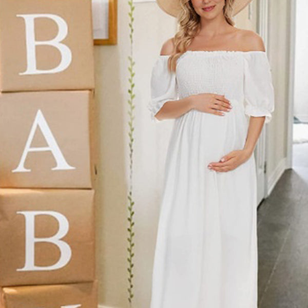 Off Shoulder Smoked High Waisted Maternity Baby Shower Maxi Dress