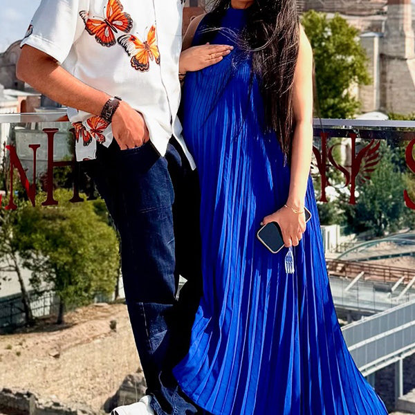 Blue Halter Neck Pleated Maternity Photoshoot Maxi Dress