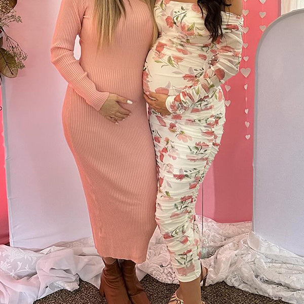 Momsmood White Off-Shoulder Stamp Duty Side Slit Single Sleeve Ruched Banquet Ceremony Baby Shower Maternity Photoshoot Midi Dress
