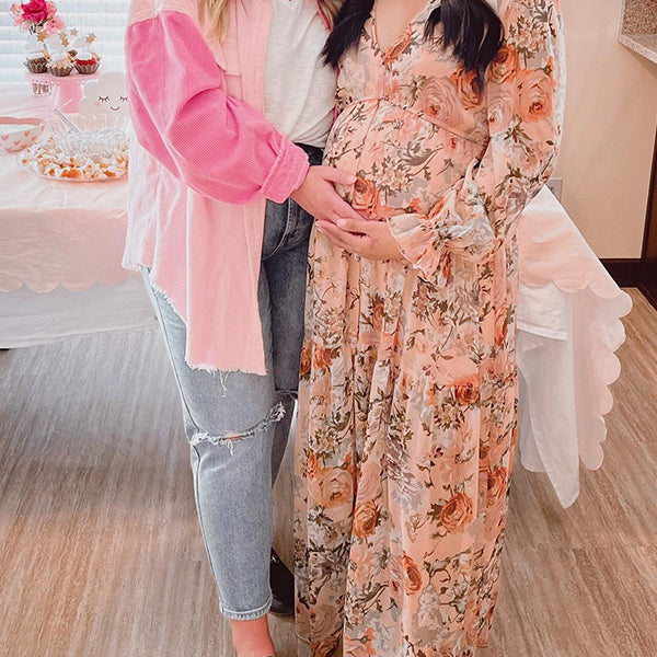 Momsmood V neck Crushed Flower Vacation Beach Baby Shower Maternity Photoshoot Maxi Dress