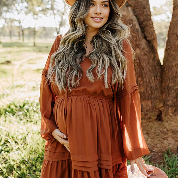 Amber Color V Neck Lace-up Maternity Photoshoot Maxi Dress