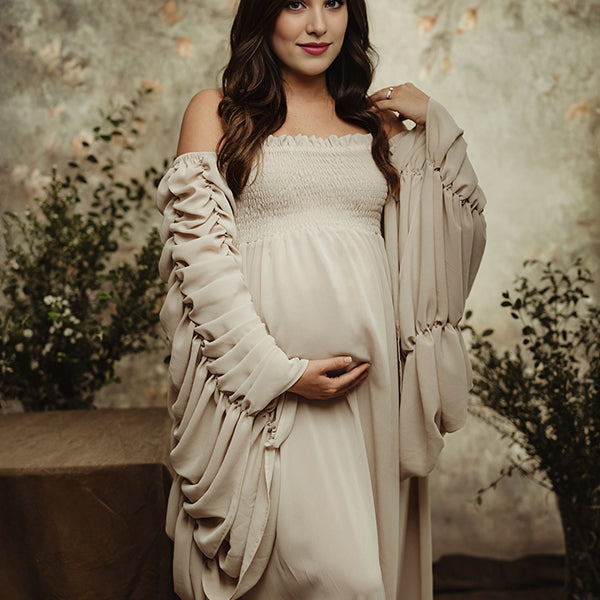 Apricot Smoked Off Shoulder Maternity Photoshoot Maxi Dress