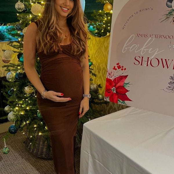Momsmood Brown Mesh Ruched Cross Chest Cut Out Backless Tank Bodycon Elegant Maternity Baby Shower Maxi Dress