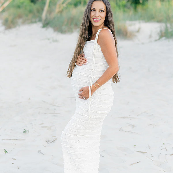 Momsmood White Ruched Ruffle Falbala Tie Up Straps With Beads Badycon Elegant Maternity Photoshoot Maxi Dress