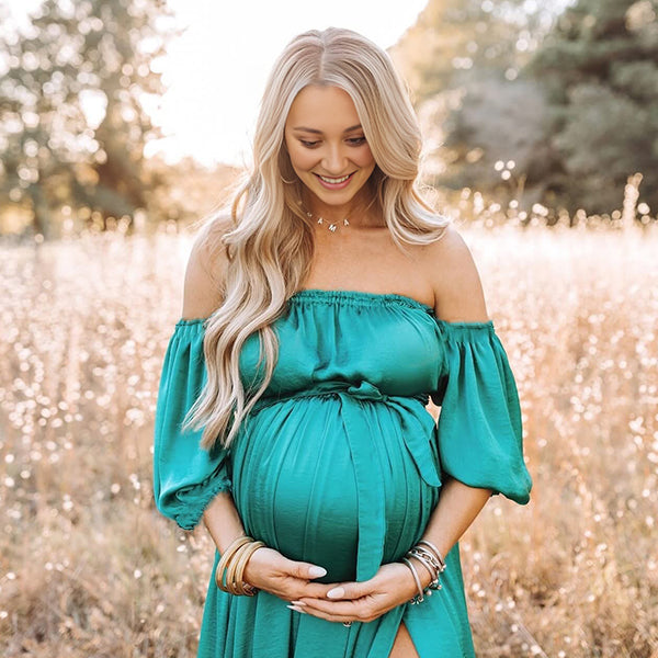 Momsmood Green Satin Off Shoulder Belt Side Slit Big Swing Plus Size Elegant Maternity Photoshoot Maxi Dress