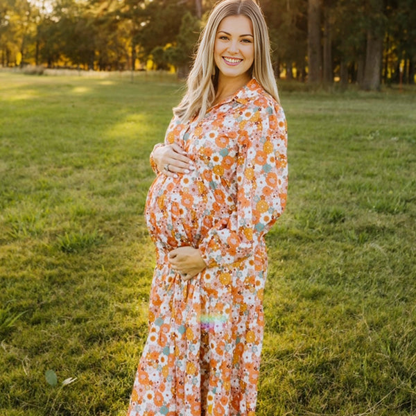 Momsmood Floral Daisy Printed Single Breasted Ruffle Lantern Sleeve Boho Maternity Photoshoot Maxi Dress