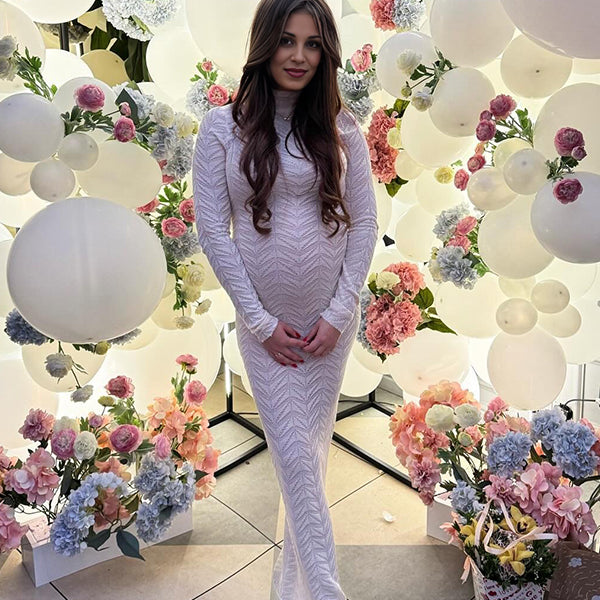 Momsmood White Crochet Hollow Out Turtleneck Badycon Semi-sheer Elegant Maternity Baby Shower Maxi Dress